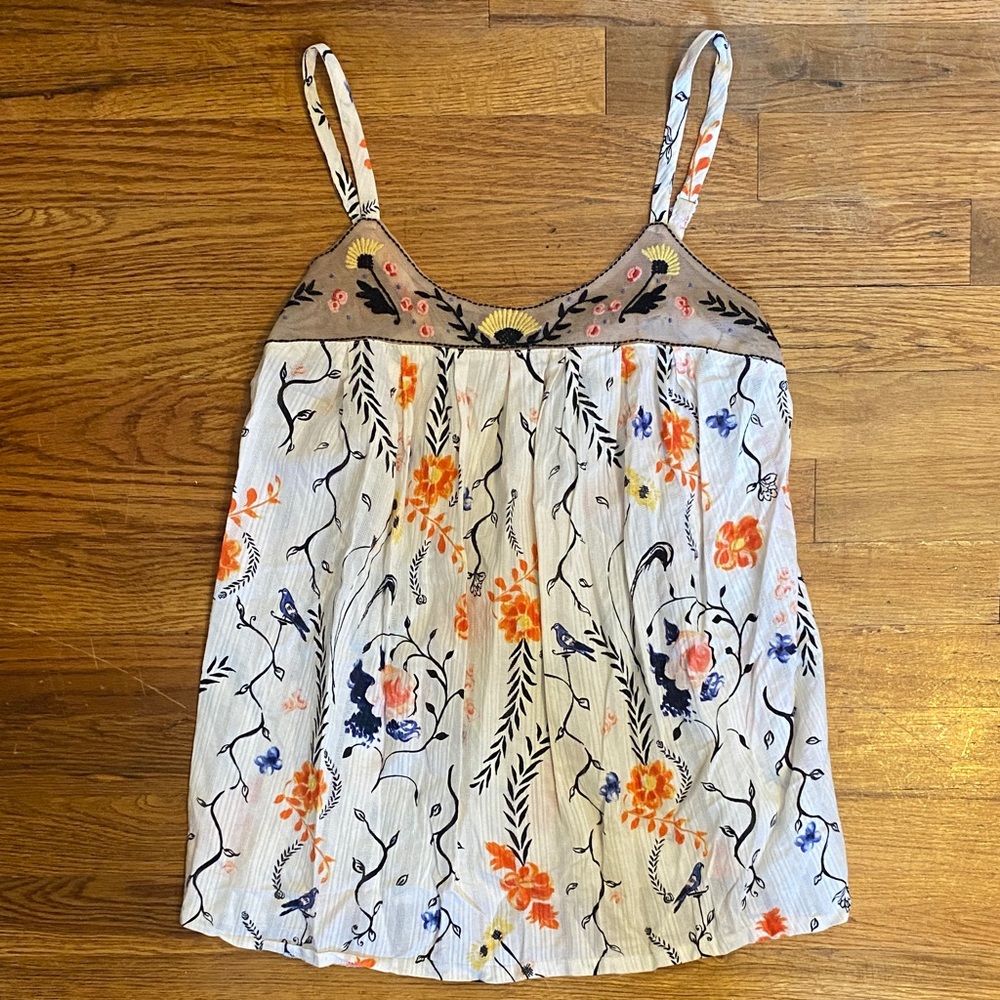 Anthropologie Womens Tank Top XS Lilka Floral Birds Embroidered Boho Bright